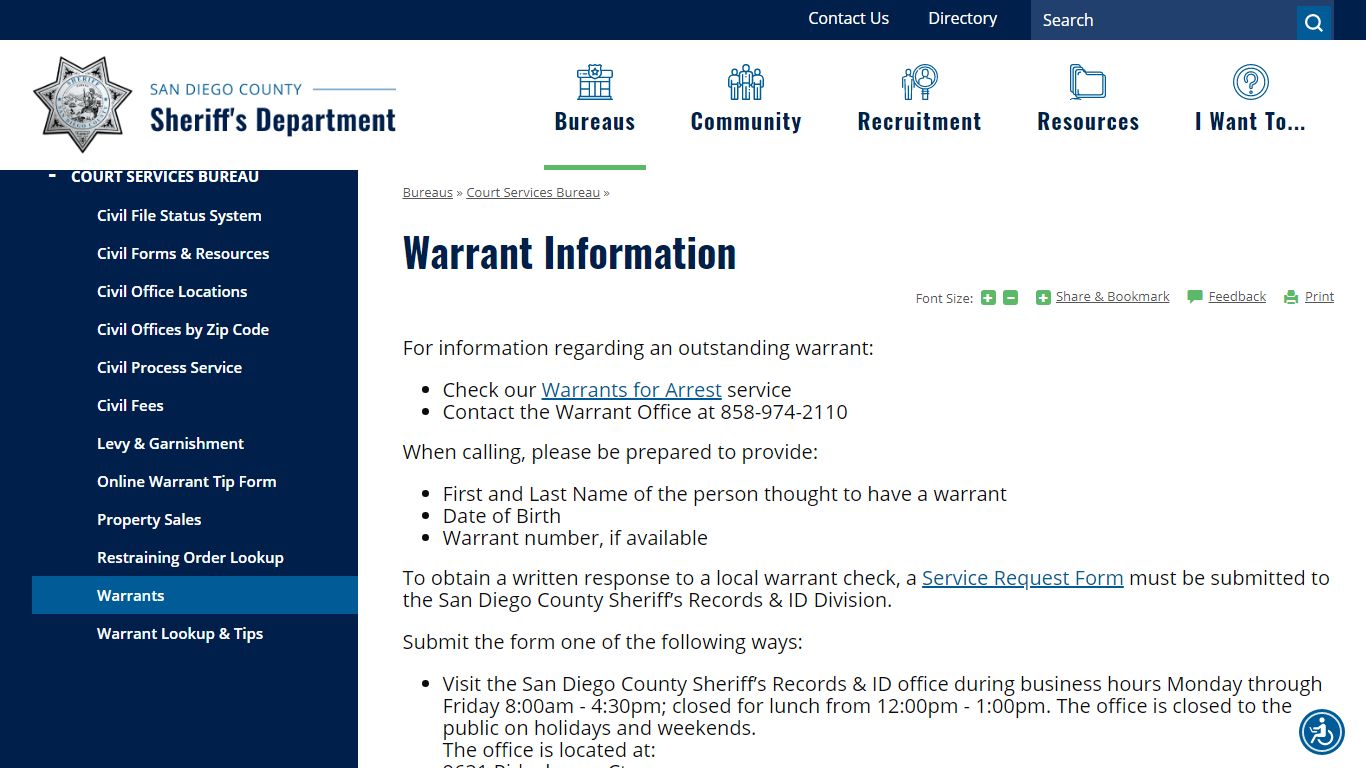 Warrant Information | San Diego County Sheriff